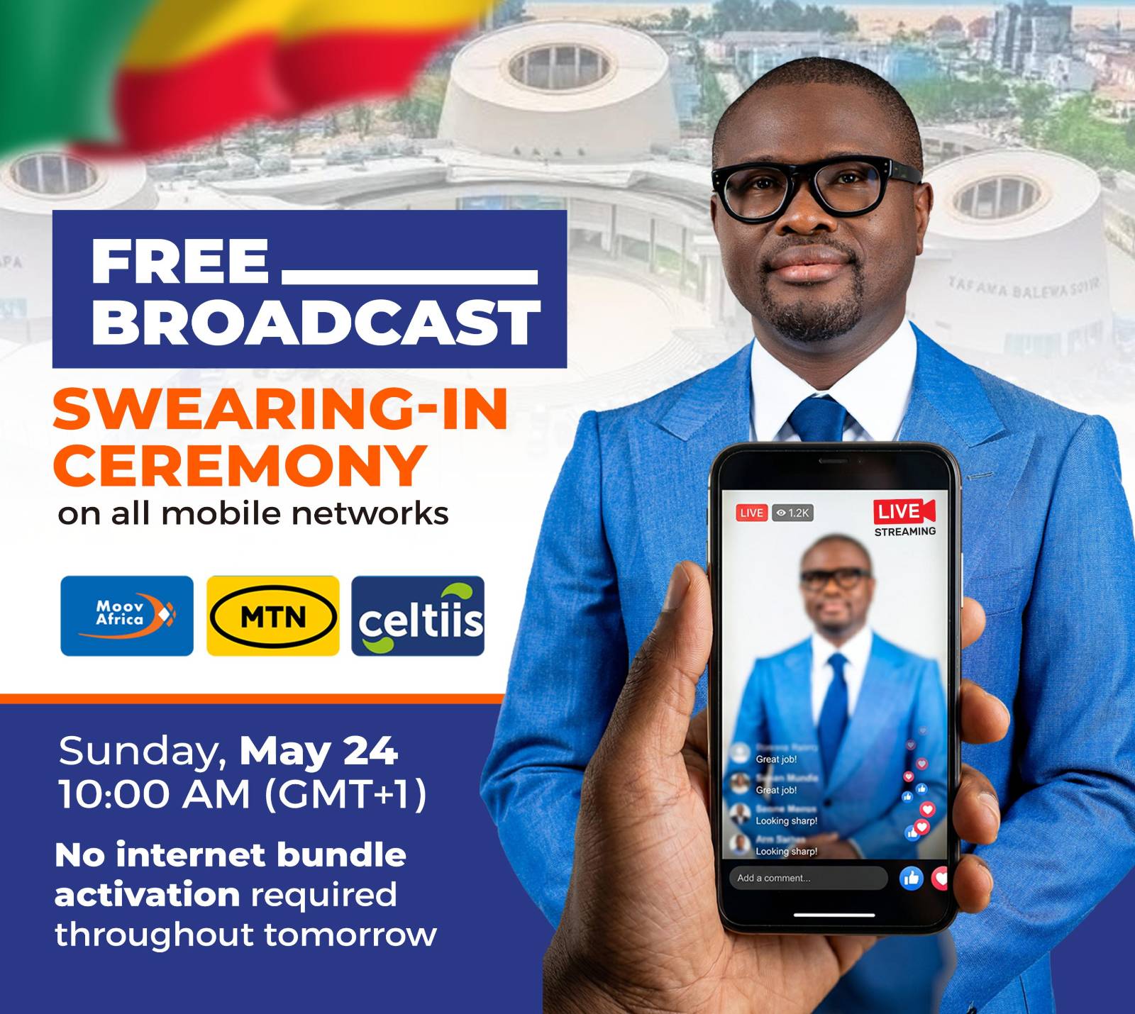 Bénin pioneers free live stream of presidential inauguration across mobile networks