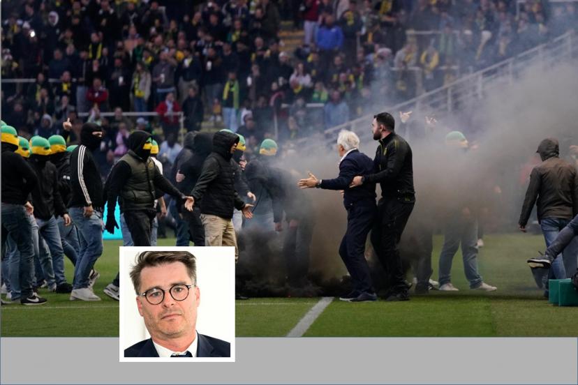 Le 17 mai, après l'envahissement de terrain des supporters nantais, le match Nantes-Toulouse avait été interrompu à la 22e minute.  (H.&nbsp;Bellenger, B.&nbsp;Papon/Icon Sport, L'Équipe)