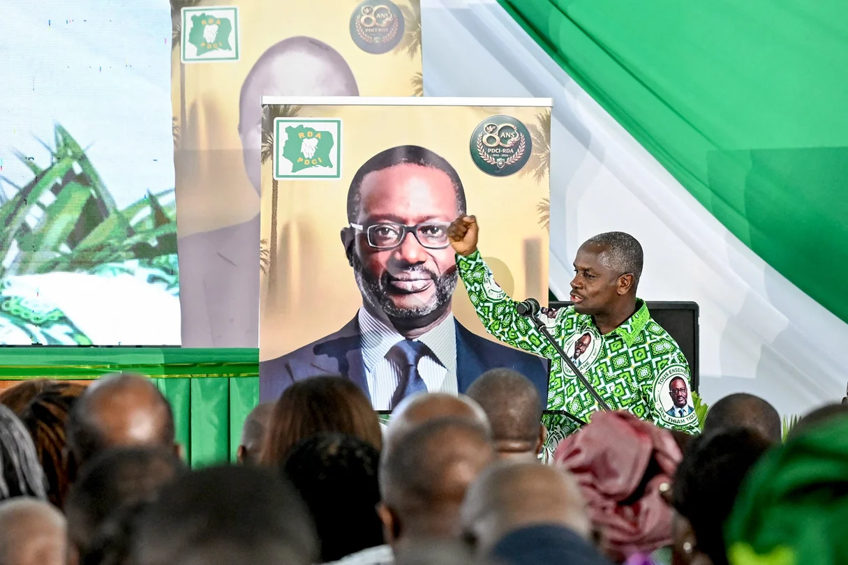 Calice Yapo Yapo, PDCI’s executive secretary, speaking at the party’s 80th anniversary celebration in Abidjan on April 9, 2026. © Issouf SANOGO/AFP
