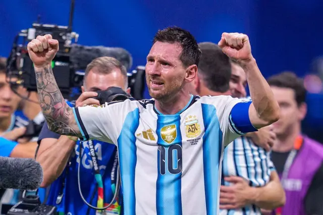 Argentina’s Lionel Messi celebrates a win after the first leg of the 2026 FIFA World Cup Round of 16 match between Argentina and Egypt at Mercedes-Benz Stadium in Atlanta, Georgia on July 7, 2026