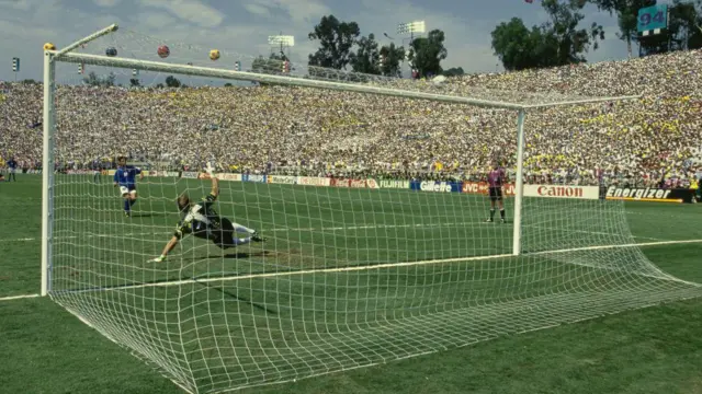 Roberto Baggio misses a penalty for Italy in the 1994 World Cup final