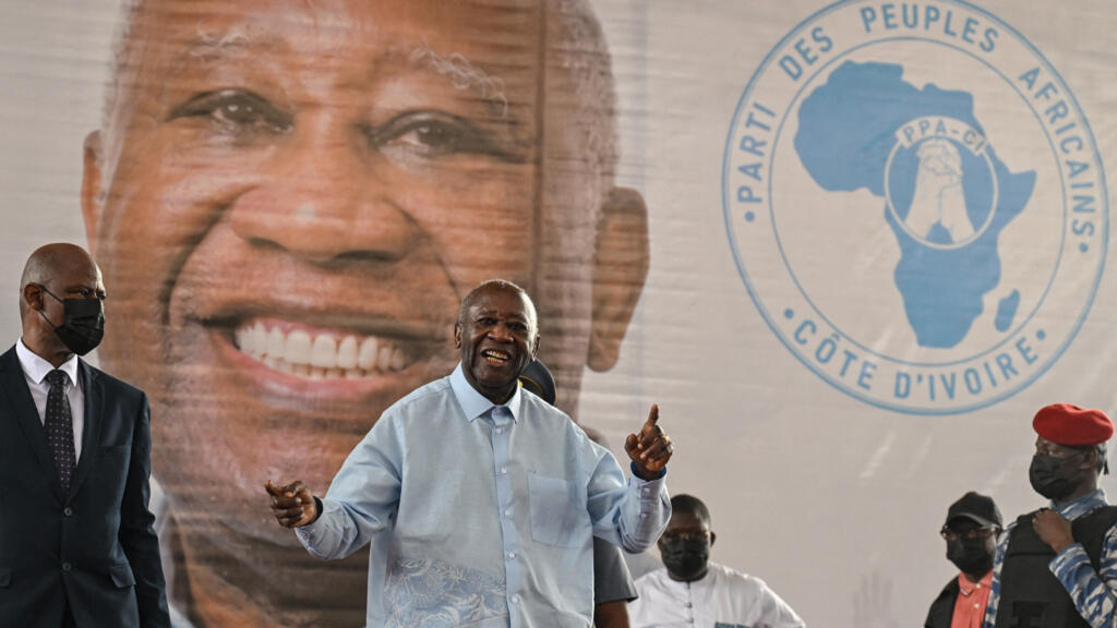 Former Ivorian President and head of the Ivorian Popular Party of Workers (PPA-CI), Laurent Gbagbo (center), speaks during the closing ceremony of the first congress of his party in Abidjan on May 15, 2026.